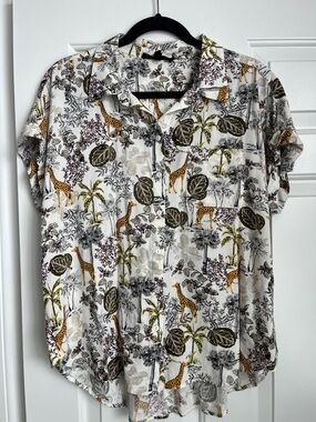 Jane and Delancey L White Button-Down Shirt with Giraffe and Green Leaf Print